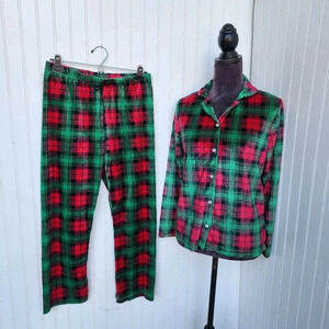 Pj's & Presents Women 2c Pajama Set Button Pull-on Red Green Plaid Fleece Sz  M